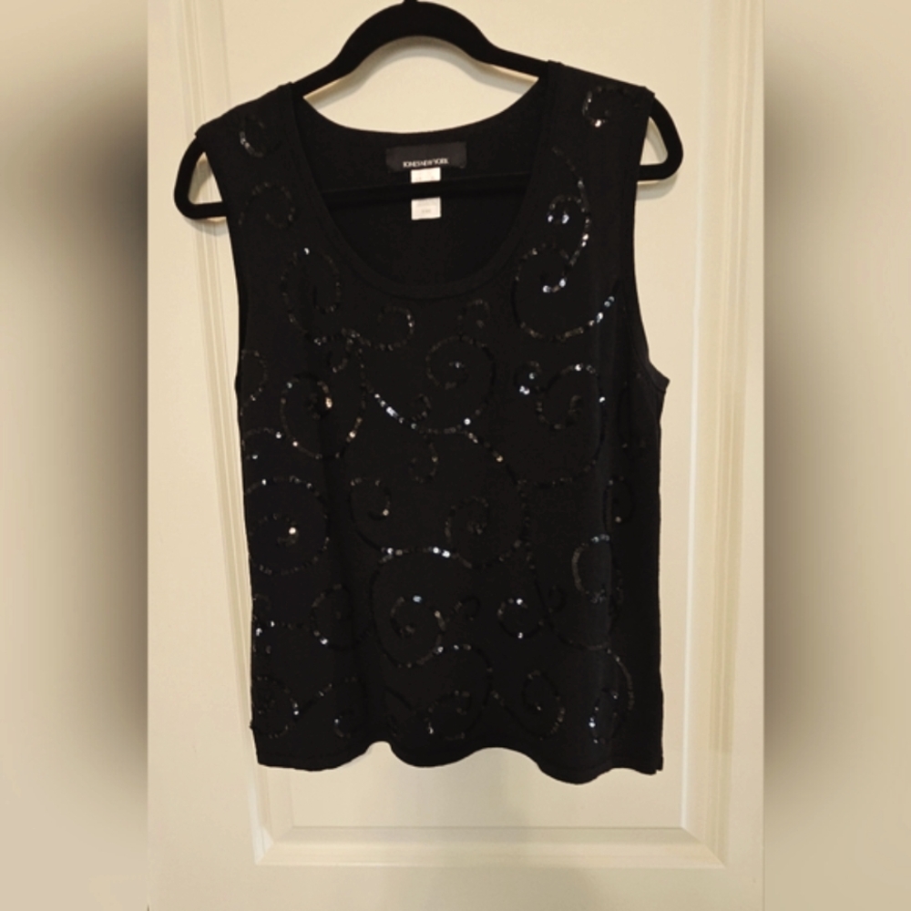 Jones New York Black Sleeveless Top, Embellished with Floral Beads, Size XL.
